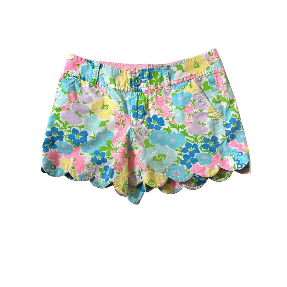 Lilly Pulitzer Buttercup Shorts Scalloped Hem Floral Pastels Size 0 Cotton Blend
